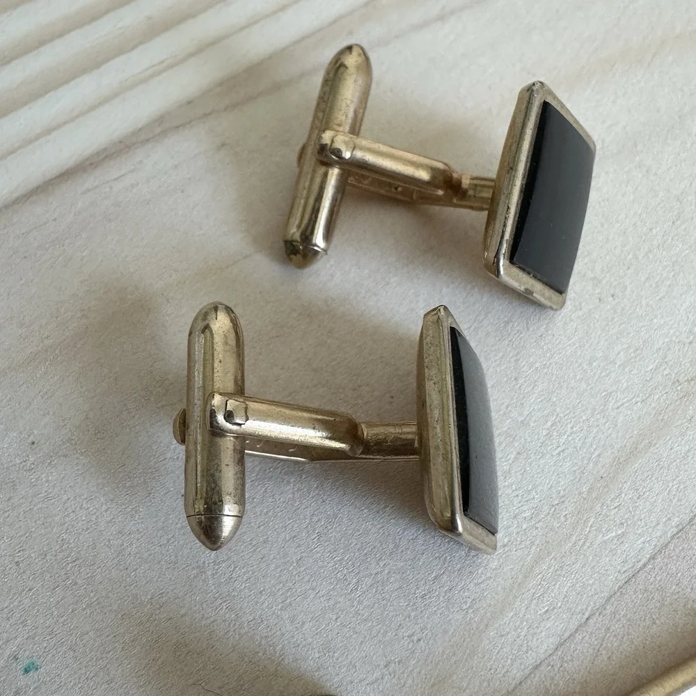 VTG Swank Square Cufflink Formal Shirt Studs Tie Tack 0.5-1 Inch Black Onyx Gold